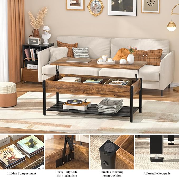 Homieasy 41.7" Lift Top Coffee Table for Living Room, Wood Center Table with Hidden Compartment and Storage Shelf, Modern Rising Tabletop Desk for Small Space, Rustic Brown