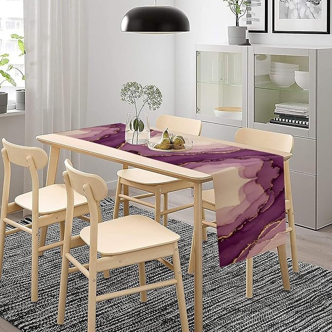 Purple Table Runner, Gradient Lavender Gold Textured Ink Painting Table Runner for Kitchen Dining Cafe Party Wedding Decor, 13x108 Inch
