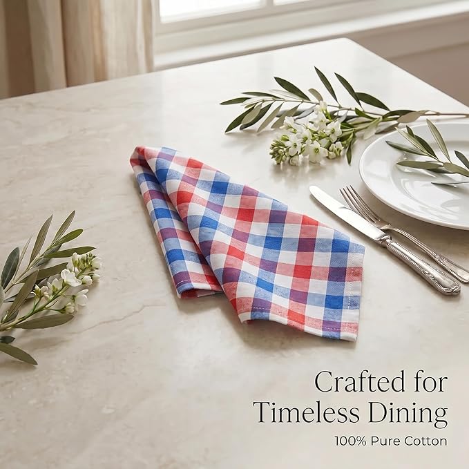 Urban Villa Cloth Napkins 100% Cotton Highly Absorbent Washable Durable Reusable Premium Dinner Napkins Ideal for Gifts for Mothers Day Hotel Farmhouse Parties - Red/Blue/White (20" x 20", Set of 12)