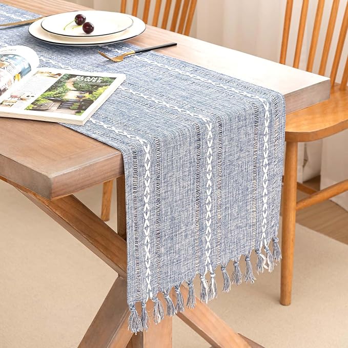 Table Runner, Rustic Farmhouse Linen Waterproof Table Runners for Holiday Party, Dresser Decor and Dining Room Decorations-Blue-14 x72, 4-6 Seats