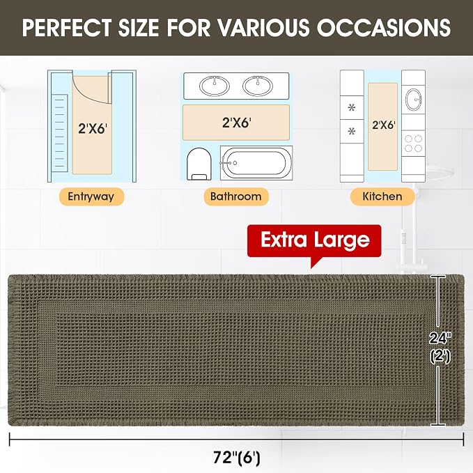 Extra Large Waffle Bath Mat, 6'x2' Greyish Green-Looped, Super Absorbent Non-Slip Quick Dry Bathroom Rugs with Tassels, Machine Washable Ultra Soft Boho Bath Rugs, Toilet Mats Boho Farmhouse Decor