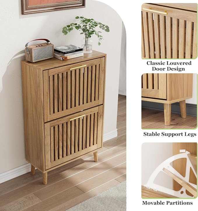 Shoe Storage Cabinet with Louvered 2 Flip Drawers, Narrow Shoe Cabinet Storage for Entryway, Freestanding Shoe Organizer Cabinet with Golden Handles, Slim Shoe Rack Cabinet 23.5in (Natural Wood)