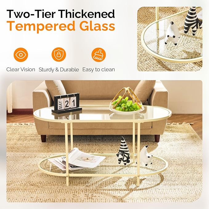 VINGLI 38" Glass Coffee Table, Oval Coffee Tables for Living Room, Small Coffe Table with 2-Tier Storage, Modern Center Table for Home Decor, Office, Small Space, Beige