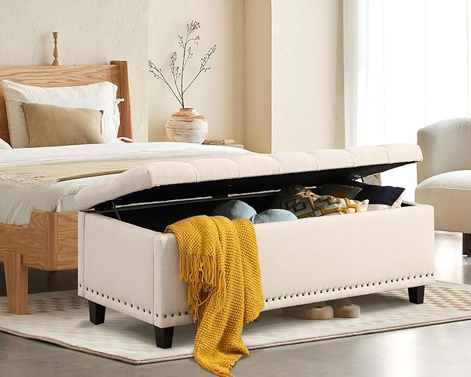 Grepatio Storage Ottoman Bench for Bedroom - 51" Tufted End of Bed Storage Benches with Foot - Upholstered End of Bed Bench - Large Rectangular Bed Ottoman Benches for Living Room Bedroom (Beige)