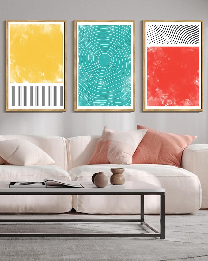PHOPAGO 24x36in Large Minimalist Abstract Framed Wall Art Modern Colorful Line Wall Decor Geometric Artwork Bedroom Living Room Natural Framed