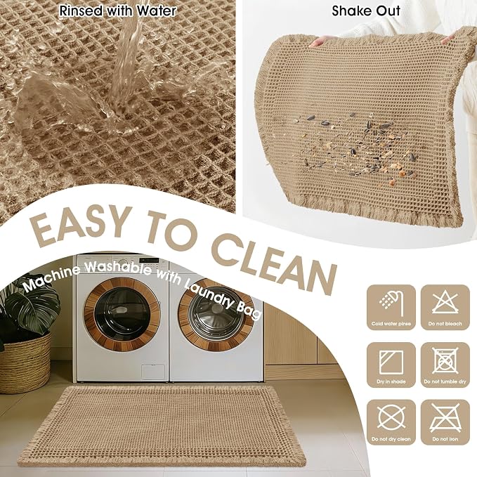 Upgraded Waffle Bath Mat, 36"x24" Beige-Bordered, Super Absorbent Non-Slip Quick Dry Bathroom Rugs with Tassels, Machine Washable Ultra Soft Boho Bath Rugs for Floor, Toilet Mats Boho Farmhouse Decor