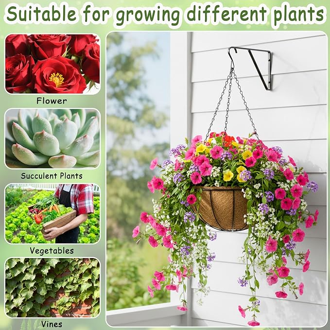 4pcs 14 inch Metal Hanging Baskets Round Wire Plant Stand with Coco Lining Cushion Decorative Planter Hanger Garden Indoor Outdoor Watering Hanging Basket （XG）