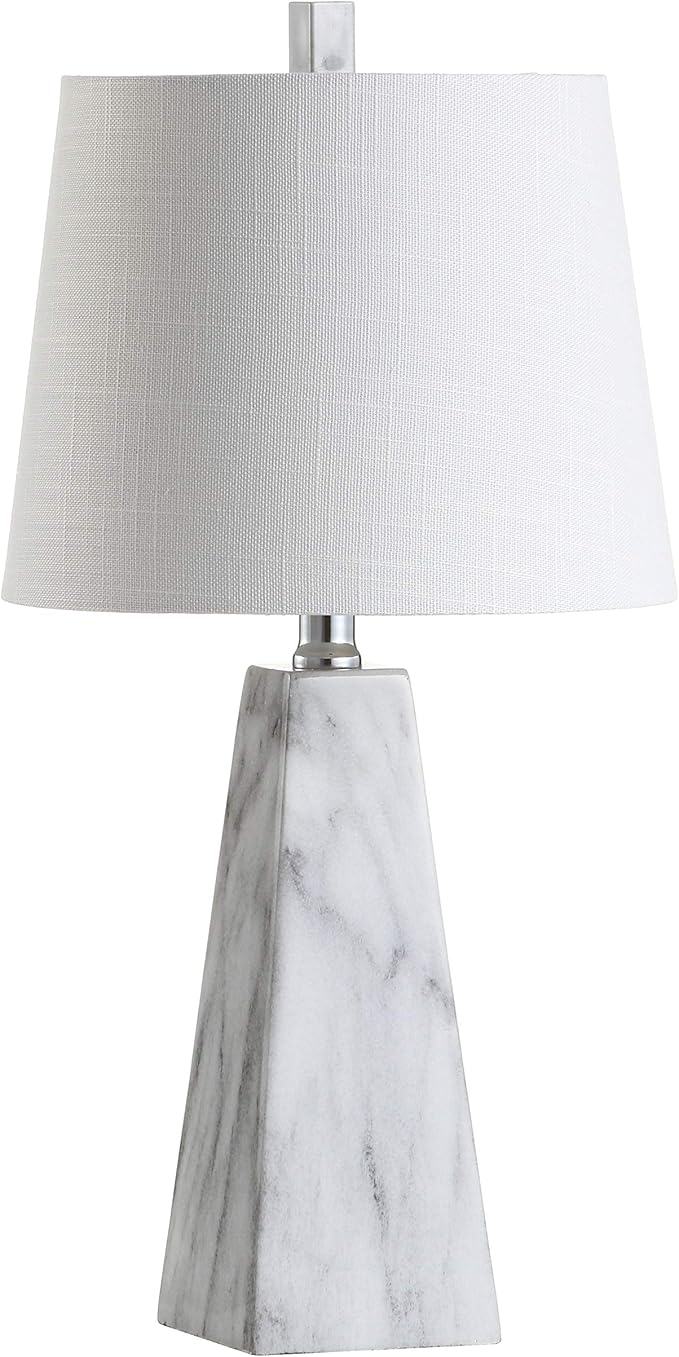 JONATHAN Y 20.5" White Marble Finish Modern Resin Table Lamp for Bedroom Living Room, Contemporary Faceted Bedside Lamp with White Linen Shade, LED Bulb Included JYL1037A