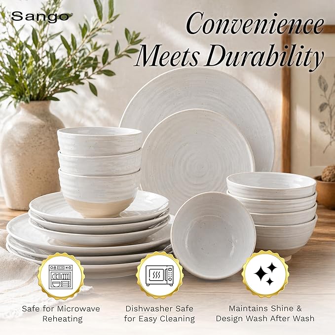 Sango Siterra 16-Piece Rustic White Stoneware Dinnerware Set – Service for 4, White with Glossy Speckle Overlay, for Everyday Dining & Entertainment, Microwave & Dishwasher Safe