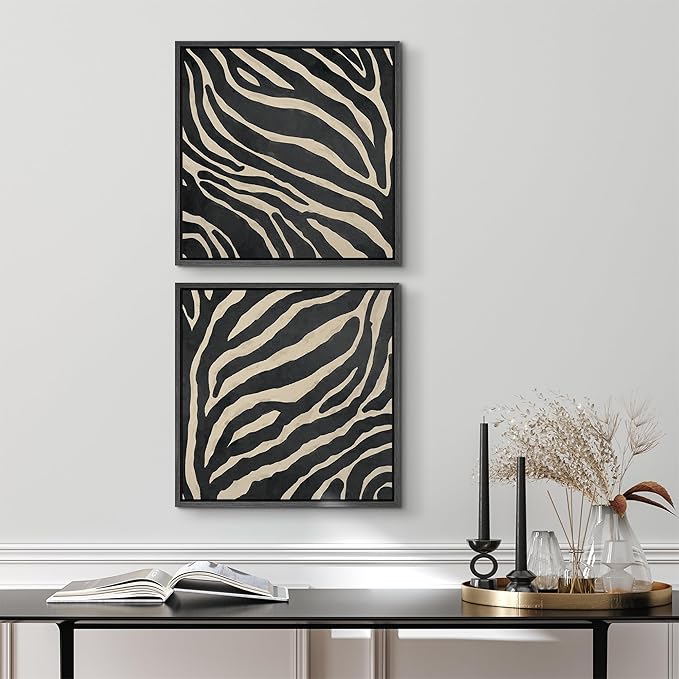 SIGNFORD Framed Canvas Print Wall Art Set Zebra Pattern Artwork, Black and Cream Animal Stripe Illustrations Modern Art Minimal Relax/Calm for Living Room, Bedroom, Office - 24"x24"x2 BLACK