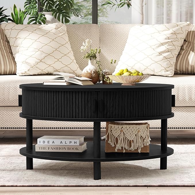 XUZENEST 31.5” Round Coffee Table with Storage, Mid Century Modern 2 Tier Coffee Table with Tambour Sliding Door, Solid Wood Legs Fluted Center Table for Living Room Home Office Small Space, Black