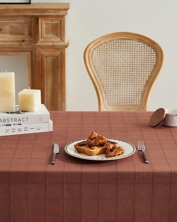 ZeeMart Linen Checked Table Cloth 52x70 Inches (Fit 3ft-4ft, Narrow Fit for 5ft Rectangle Table), Farmhouse Style Plaid Embroidered Water Resistant Table Cover, Terracota