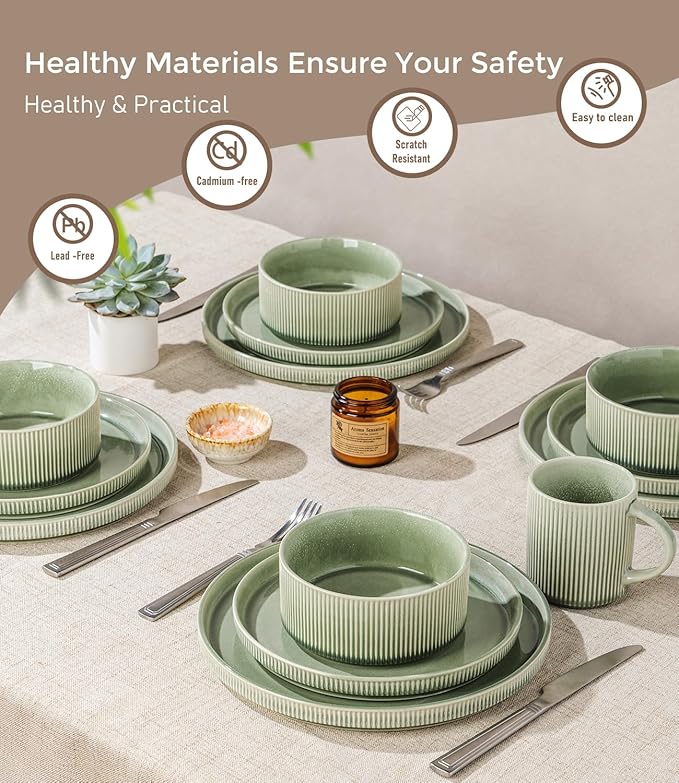 GBHOME 18-Piece Stoneware Dinnerware Set for 6 – Ribbed Ceramic Plates and Bowls, Scratch-Resistant, Microwave & Dishwasher Safe, Reactive Glaze, Light Green