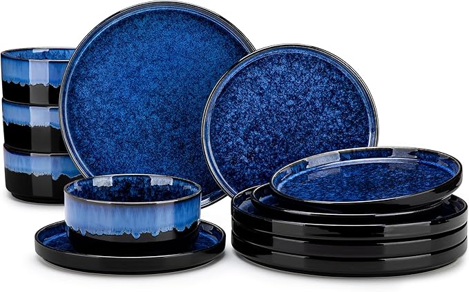 vancasso Starry Plates and Bowls Sets,12 Pieces Blue Dinnerware Sets for Kitchen,Modern Stoneware Dishes Set for 4,Dishwasher and Microwave Safe
