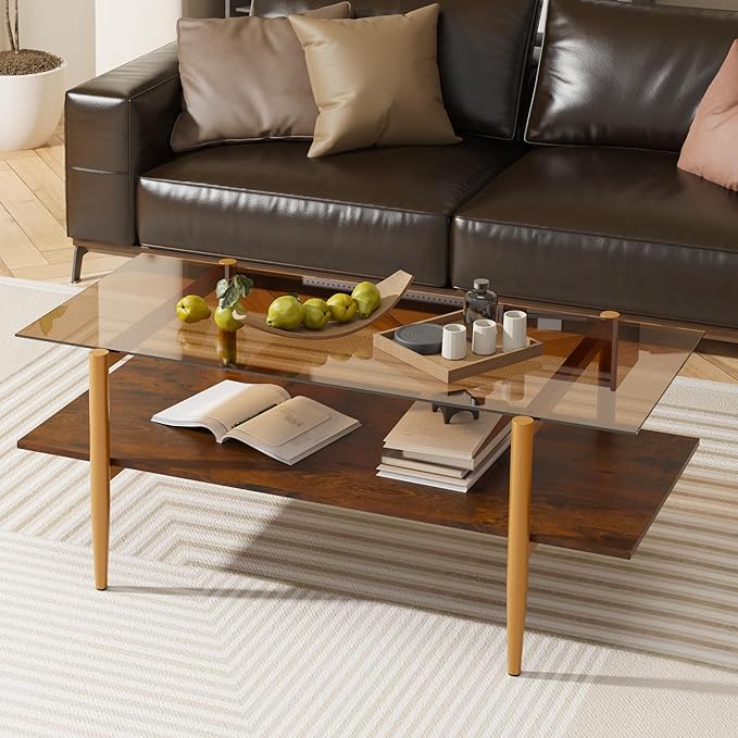 Furnify Glass Coffee Table, Rectangle Living Room Center Table with Golden Legs, Mid-Century Modern Accent Tables with Open Shelf for Living Room, Office, Brown