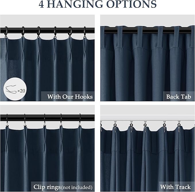 Aersas Denim Blue Pinch Pleated Linen Curtains 96 Inch Length 2 Panels for Living Room Bedroom Semi Sheer Window Curtain Boho Neutral Back Tab Pinch Pleat Drape with Hooks 40x96