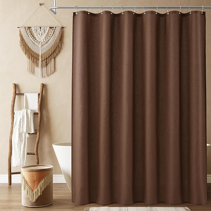 Naturoom Caramel Brown Linen Shower Curtain, Country Boho Farmhouse Bath Decor Shower Curtains Neutral Cloth Weighted Textured Fabric Bath Curtain Liner with Hooks, 72x96