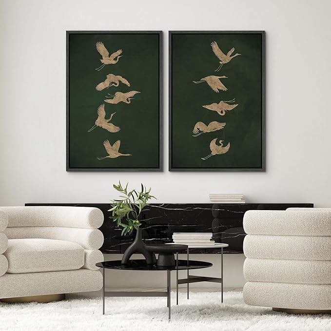 SIGNWIN Framed Canvas Print Wall Art Set Golden Cranes in Flight on Deep Green Illustrations Modern Art Rustic Colorful Ultra for Living Room, Bedroom, Office - 24"x36"x2 Black