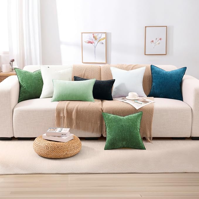 decorUhome Summer Couch Throw Pillow Covers 20x20 Set of 2, Decorative Soft Velvet Modern Cozy Chenille Pillow Cases with Elegant Design for Sofa Bed Living Room Home Decor, Sage Green