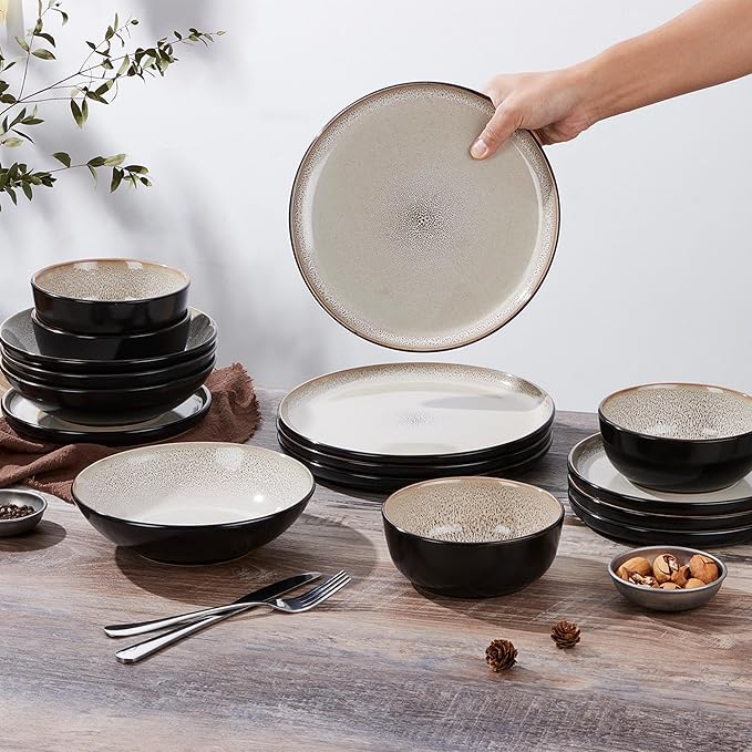 LIANYU Dinnerware Plates and Bowls for 8, 24 Piece Stoneware Dishes Set, Dishwasher and Microwave Safe Ceramic Dinning Ware Set, Include Dinner Salad Plates and Cereal Bowls, Tidal Khaki