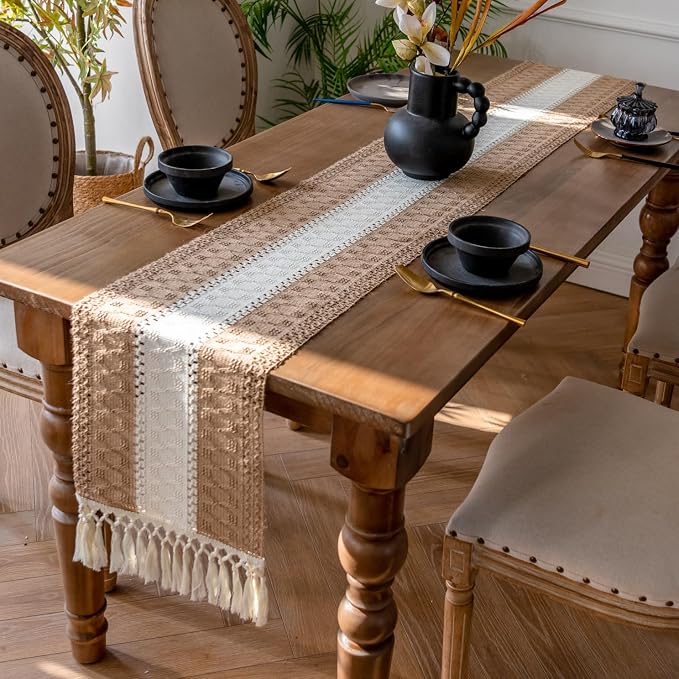 EMMTEEY Boho Table Runner with Tassels- Scratch & Heat Resistant, 94 Inches Long Table Runner Cotton Linen Macrame Handmade for Dining Table/Wedding Décor (12"X94", Brown White)