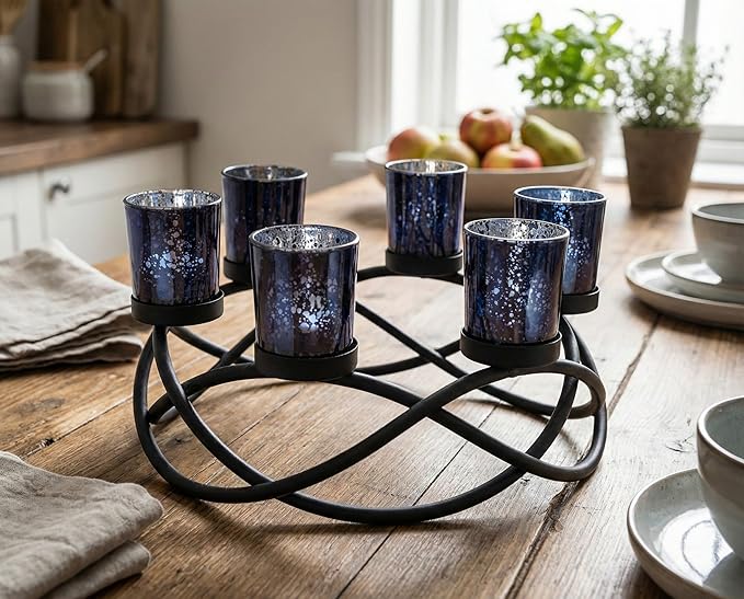 Seraphic Halloween Decorations for Indoor Gothic Table Centerpieces, Black | Spooky Witchy Dining Decor, Round Wrought Iron Candle Holder, 6 Votive Cups, Coffee & Kitchen Centerpiece, 10.5in Round