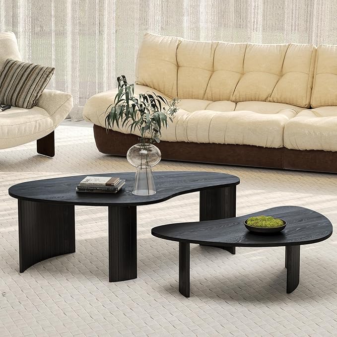 Black Coffee Table Set of 2, Nesting Coffee Tables with Wood Grain Veener, Simple Modern Cloud Shaped Center Table for Living Room