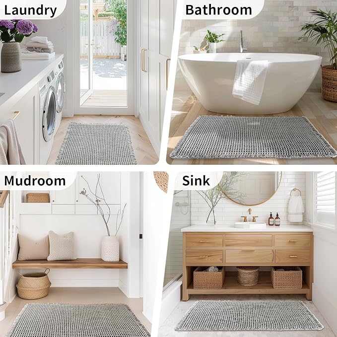 Waffle Bath Mat - Boho Bathroom Rugs Non Slip Washable, Super Absorbent & Quick Dry, Soft Bath Mat Farmhouse Bathroom Decor, 20'' x 48'', Dark Grey