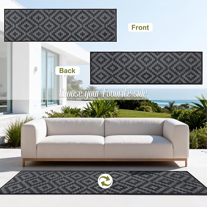 SAND MINE Waterproof Outdoor Rug, Plastic Reversible Rug, Modern Area Rug, Large Floor Mat for Outdoors, RV, Patio, Backyard, Deck, Picnic, Beach, Camping (2.5' x 8', Black Grey Lattice)