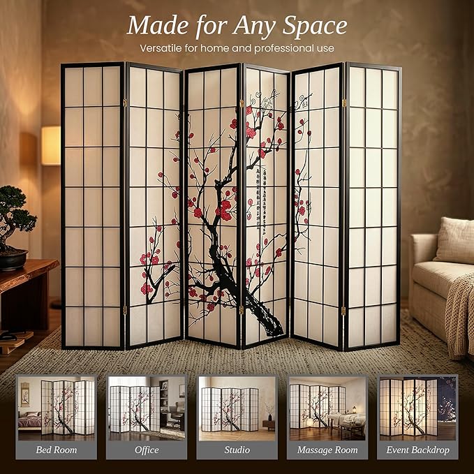 Legacy Decor 6-Panel Folding Room Divider Privacy Screen Plum Blossom Authentic Japanese Shoji Style Real Wood Grid Office & Studio – Black 71” Tall x 104” Wide