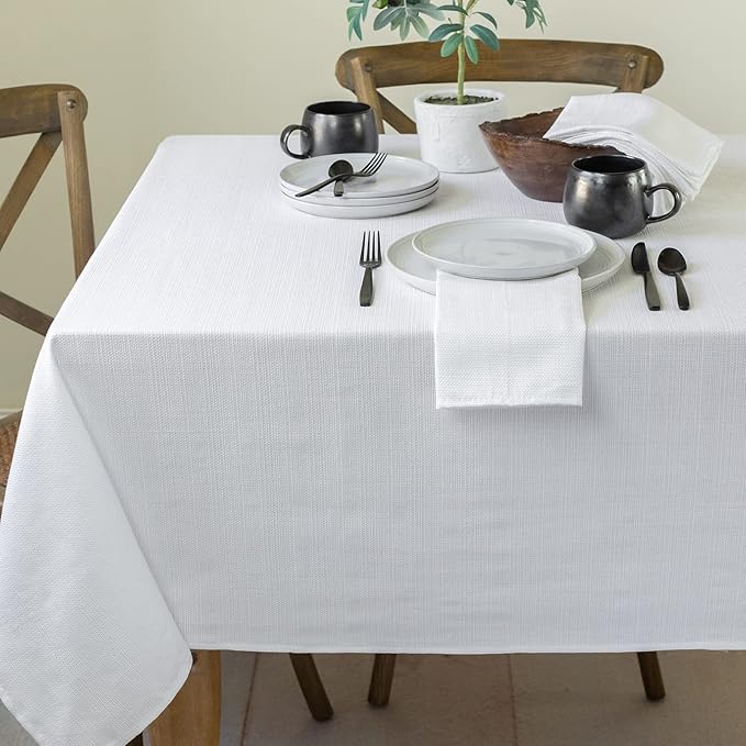 Benson Mills Cameron Textured Fabric Table Cloth, for Everyday Home Dining, Parties, Weddings & Holiday Tablecloths (60" x 84" Rectangular, White)