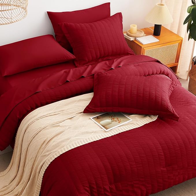 CozyLux Twin Comforter Set with Sheets 5 Pieces, Dark Red Seersucker Textured Bed in a Bag for Bedroom, Luxury Soft Bedding Sets with Down Alternative Comforter, Sheets, Pillowcase & Sham All Seasons