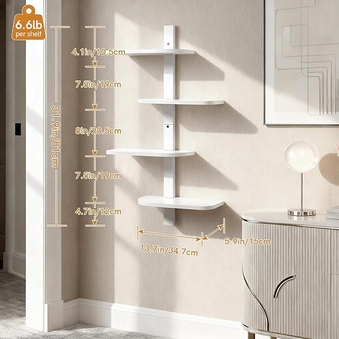 Afuly White Floating Shelves for Wall Display Shelf Unit Modern Decorative Solid Wood Shelving Home Decor Living Room Bedroom Coffee Bar Bathroom Small Space Plant Photo Set of 4