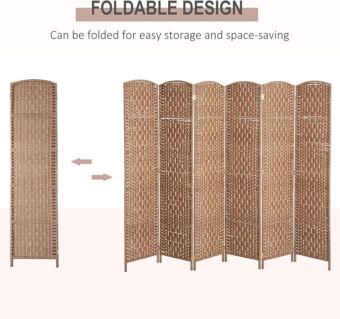 HOMCOM Room Divider 6 Panel, 6FT Tall Folding Privacy Screen, Freestanding Hand-Woven Partition for Room Separation with 360° Hinges, Paper Rope Diamond Weave, Natural