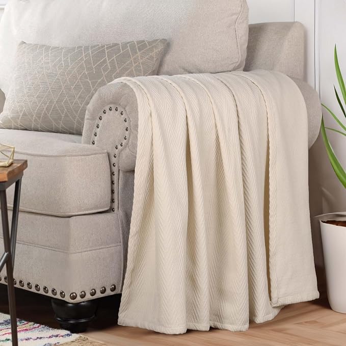 Superior Metro All-Season Cotton Blanket, Woven Blanket for Couch, Bed, Bedding, Farmhouse, Home Essentials, Cute and Cozy Bohemian Blankets, Herringbone Weave, Throw Size, Ivory