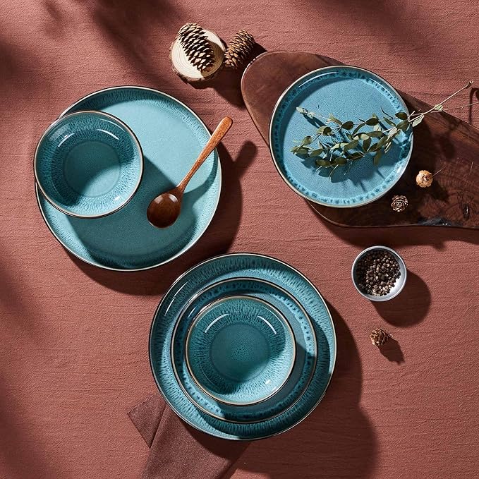 LIANYU Ceramic Dinnerware Sets for 4, 12 Piece Porcelain Stoneware Plates and Bowls, Scratch Resistant Round Kitchen Dishes Set, Dishwasher and Microwave Safe Dinning Ware Set, Pastel Turquoise