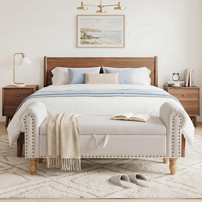 51.5" Storage Bench, End of Bed Bench with Rolled Arm and Nailhead Trim, Upholstered Bedroom Bench with Storage, Ottoman Bench for End of Bedroom, Living Room, Entryway (Beige Linen)