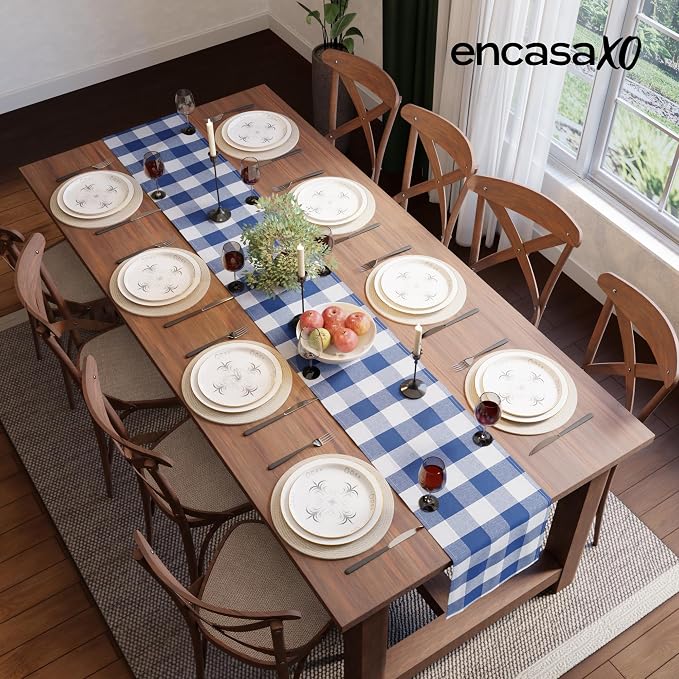 Encasa XO Cotton Dining Table Runner | Buffalo Blue Checks | Size 13x91 in - Machine Washable & Durable