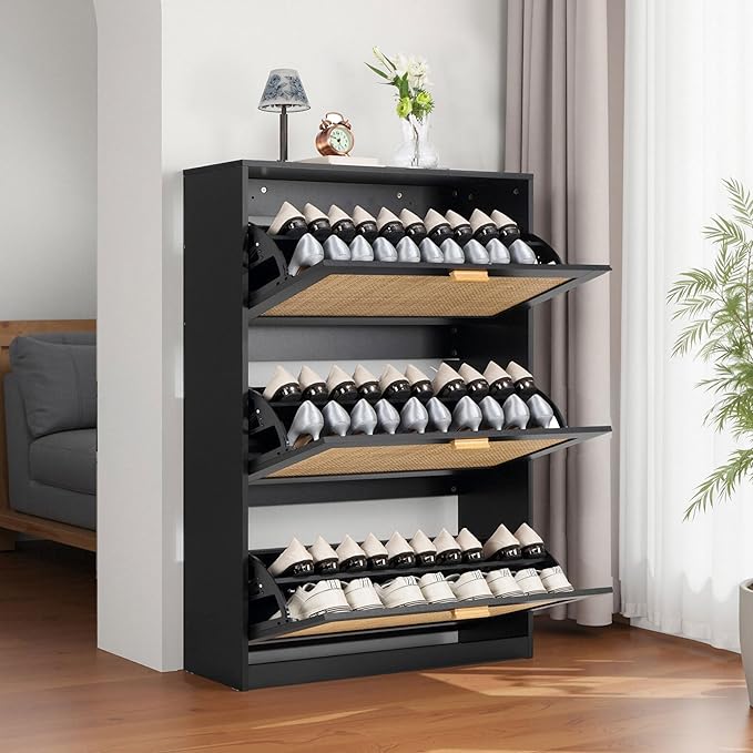 Finnhomy Extended Edition Shoe Cabinet with Natural Rattan Flip Drawers for Entryway, Free Standing 3 Tier Slim Shoe Organizer, Shoe Cabinet with 3-Gear Adjustable Width Drawers, Black