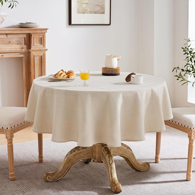 ZeeMart Linen Checked Table Cloth 52 Inches Round, Farmhouse Style Plaid Embroidered Water Resistant Table Cover, Beige