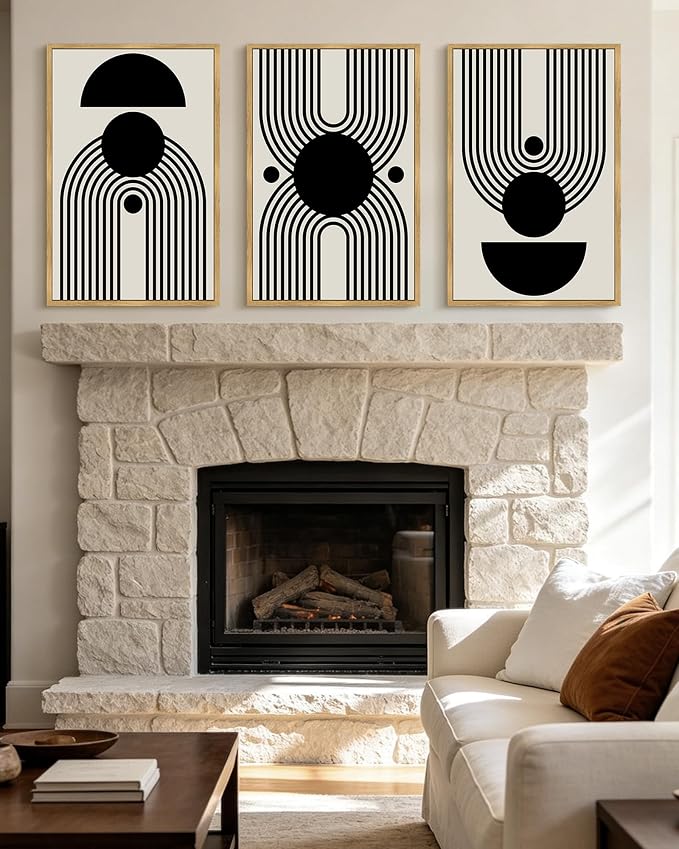 KUVIOKE Black Abstract Framed Wall Art Minimalist Geometry Lines Painting Artwork for Living Room Bedroom 16x24in (Natural Framed)