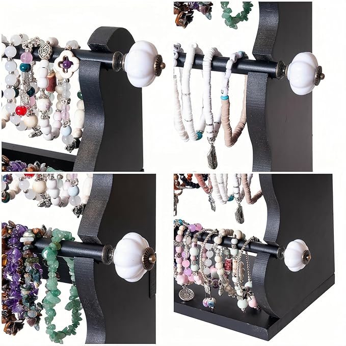 4-Tier Wooden Bracelet Holder Stand – Black Jewelry Organizer Display for Bracelets, Watches, Bangles & Scrunchies – Multi-Level Bracelet Display Stand for Selling Booths, Craft Shows & Home Storage