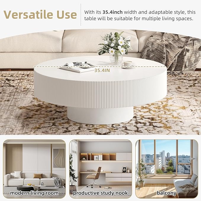 Merax Modern 35.4 Inch Round Large Coffee Table with Sturdy Base, Wood Center Table for Living Room Reception Room, Easy Assemble, White