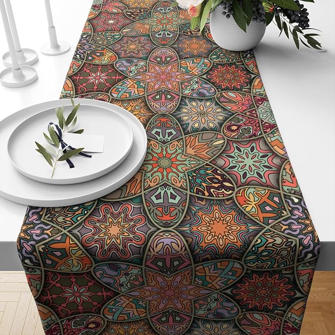 YCness Retro Mandala Table Runner Vintage Boho Table Decor Bohemian Polyester Runner for Tables Brown Farmhouse Spring Decor for Kitchen Dining Tan Tables Runner 13x36 Inch