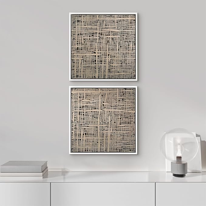 SIGNFORD Framed Canvas Print Wall Art Set Abstract Grid Pattern Artwork, Neutral Geometric Illustrations Modern Art Minimal Relax/Calm for Living Room, Bedroom, Office - 24"x24"x2 WHITE