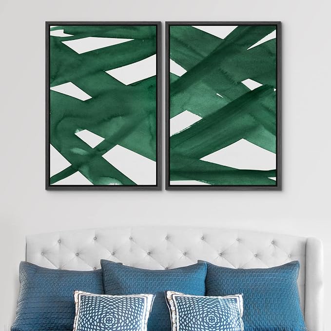SIGNWIN Framed Wall Art Print Set Intersecting Lines Dark Green Colors Geometric Shapes Illustrations Modern Art Contemporary Dramatic Dark for Living Room, Bedroom, Office - 24"x36"x2 Black