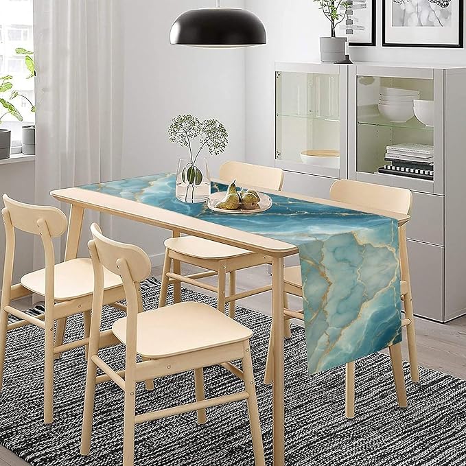 Blue Marble Table Runner, Blue Grey Stone Abstract Textured Modern Decoration Table Runner for Kitchen Dining Home Party Decor, 13x70 Inch