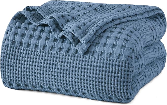 PHF 100% Cotton Waffle Weave Blanket Queen Size for Bed, Soft Lightweight & Breathable for Spring and Summer, All-Season Comfort, Luxury Aesthetic Blanket for Home Decor, 90"x90", Denim Blue