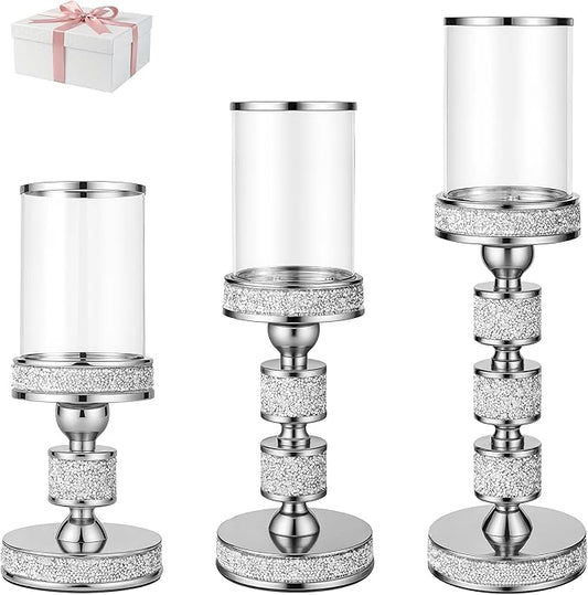 Hurricane Candle Holder, 15.9" Tall Metal Candle Stand, Glass Pillar Candle Holders Crystal Silver Decorative Centerpieces for Table, Wedding and Dining Room (Fits Candles up to 3"x5", 3pcs, S+M+L)