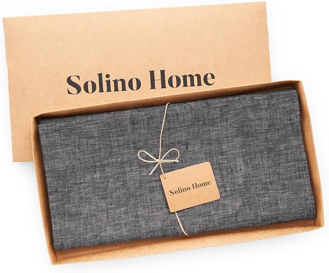 Solino Home Linen Cloth Tablecloth 52 x 52 Inch - 100% Pure Linen Chambray Black Square Tablecloth - Athena, Machine Washable Table Throw